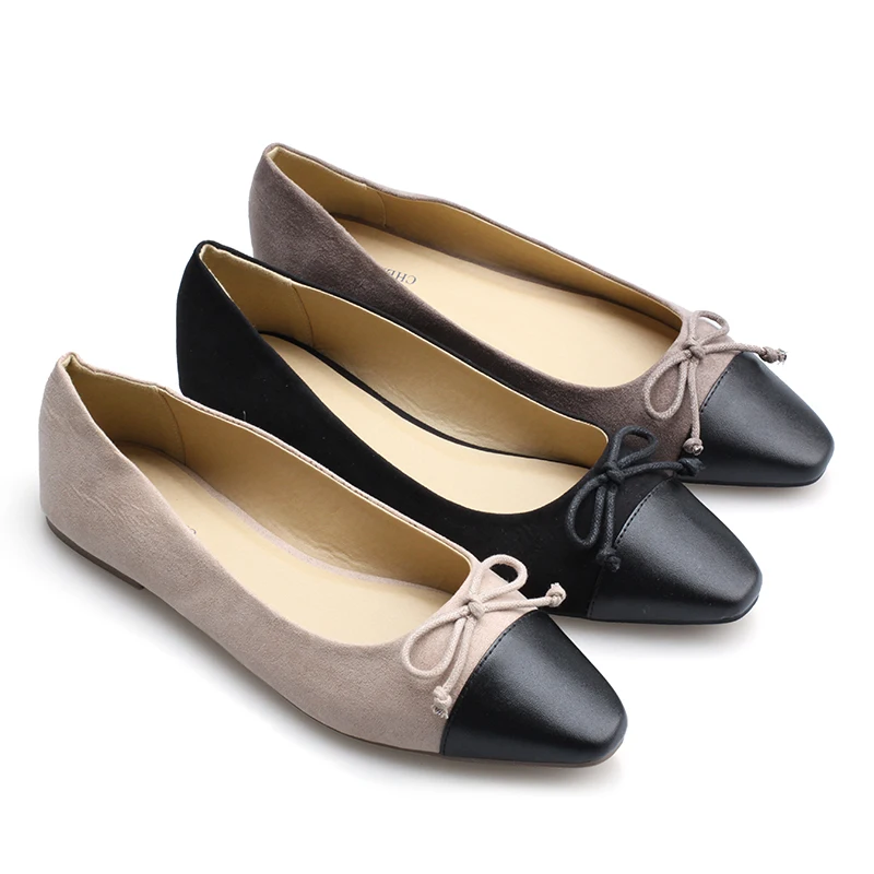 

The women fashion popular causal black square toe fabric basic bow beige pu lining soft insole flat office shoes, Black/beige/grey