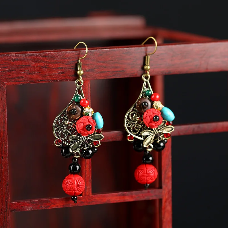 

ES003-80 Retro ethnic style personality Korean temperament earrings alloy cinnabar accessories round face earrings, Red