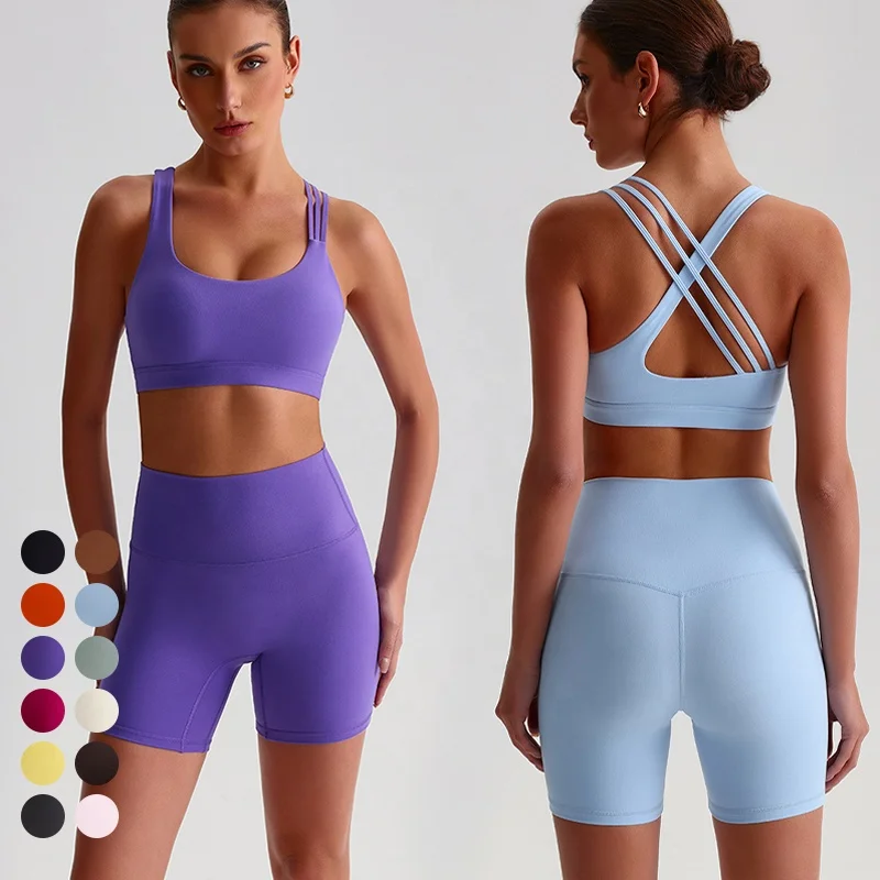 Custom Women's Cross Back Strappy Sports Bra Yoga Shorts 2-Piece Workout Set Solid Spandex/Nylon Buttery Soft Fitness Gym Active