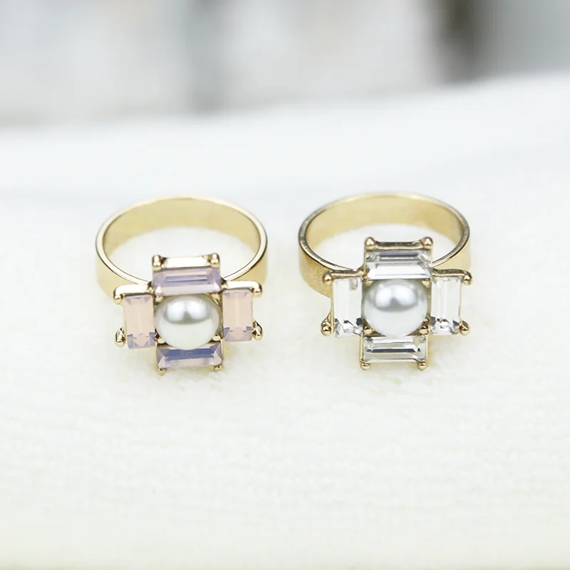 

Factory Wholesale Romantic 14K Gold Plated Pearl Rectangle Pink Diamond Ring, Gold color