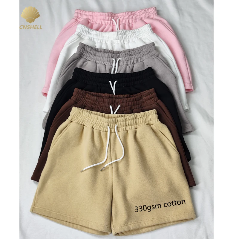 

Custom LOGO 100% Cotton Fleece Shorts 330gsm Thick Winter Women Plain Casual Wear Basic Classic design lounge wear shorts