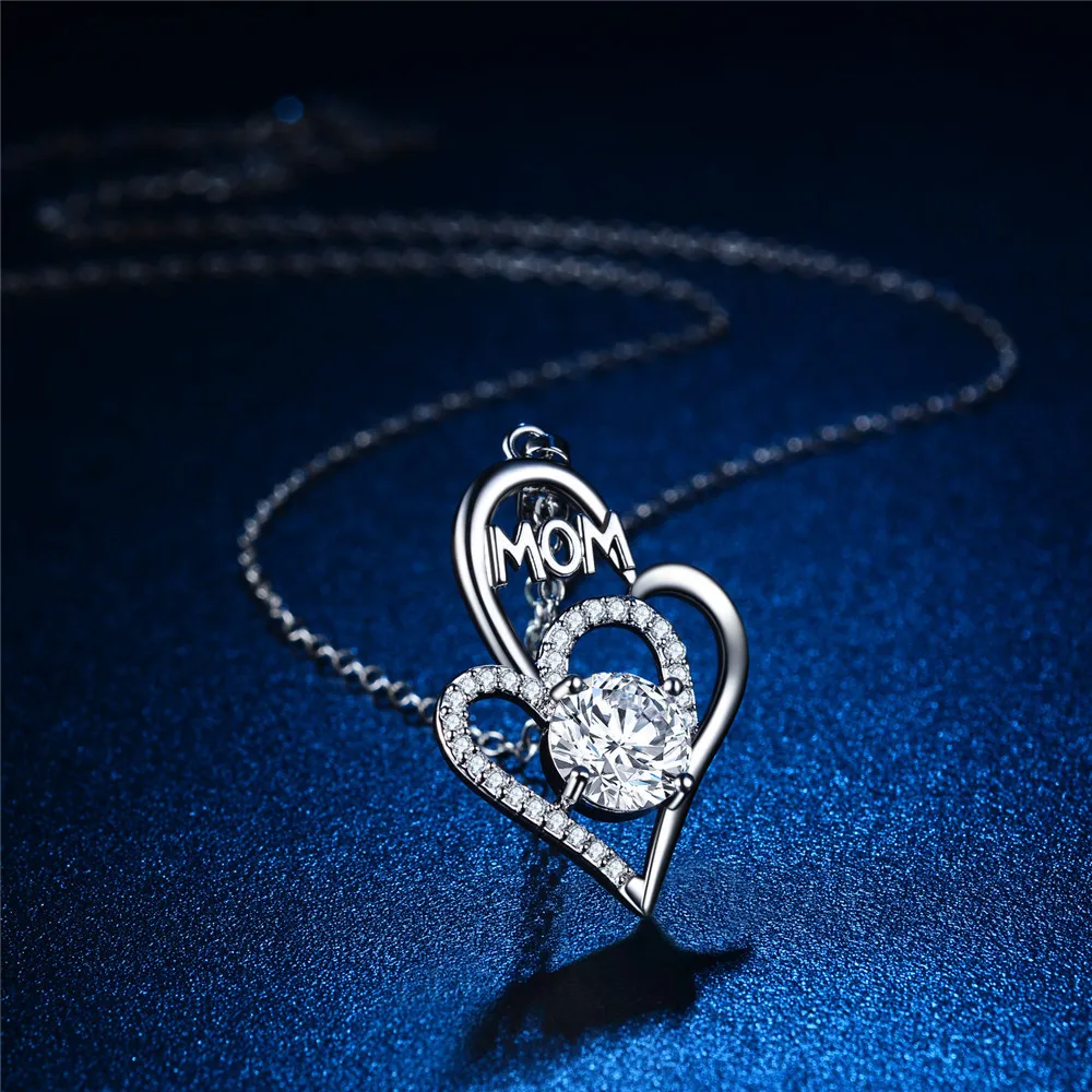 

New Fashion Platinum Plating Mom Letter Cubic Zirconia Heart Necklaces Zircon Double Heart Pendant Necklace For Mother Day Gift
