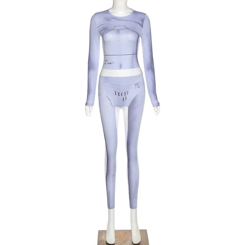 

Autumn Casual Skinny Elastic Bodysuit and Trousers Two Piece Set Women Fashion Print Street Female Tracksuit Outfit 2020