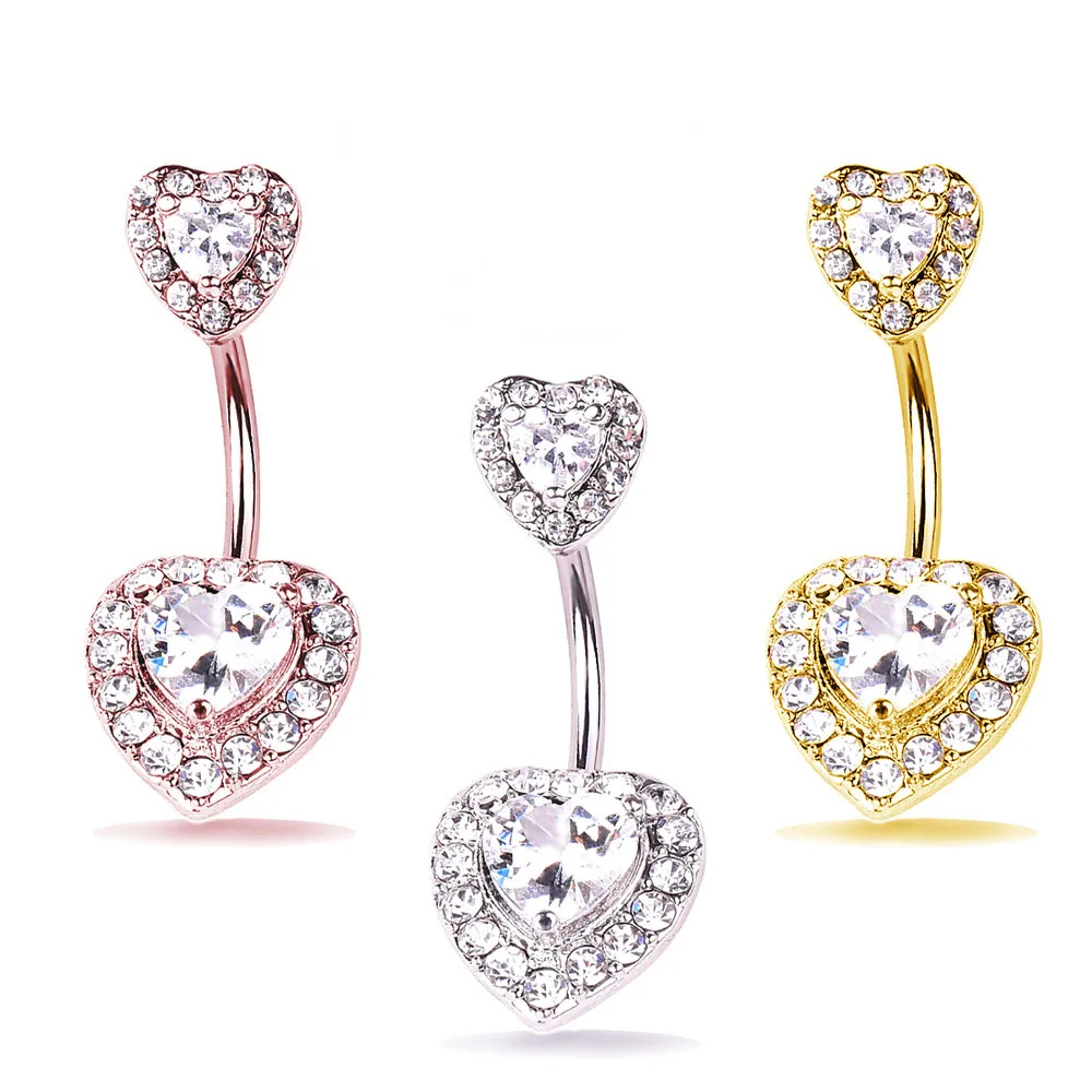 

Diamonds and Zircon Double Heart Navel Belly Button Ring Body Piercing Jewelry