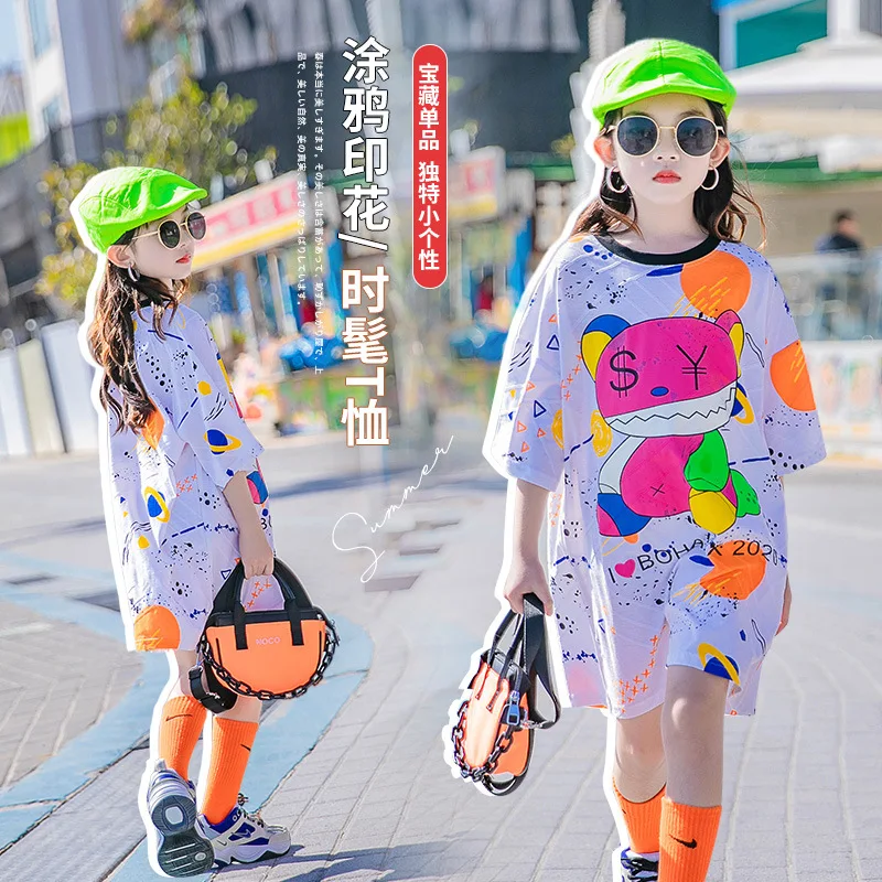 

2021 New Fashion Big Girl Summer Short Sleeve Graffiti Printed Shirt Dress Teenager Girl Casual Loose Dress 4-15 Years, White