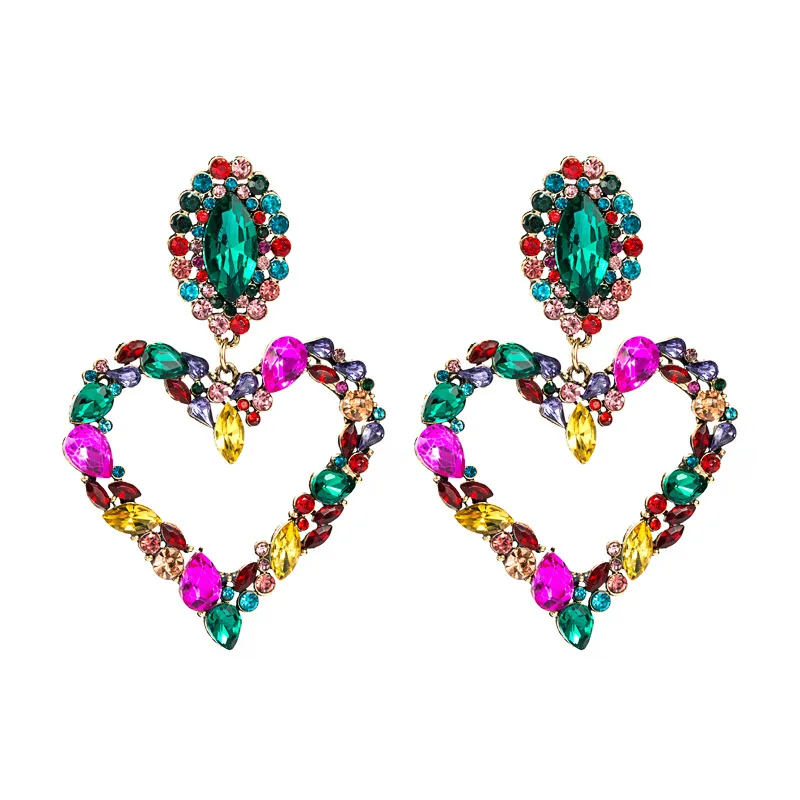 

Big Heart shape colourful Rhinestone Shiny 925 Sterling Silver Post Hoop Statement Dangle heart crystal Earrings