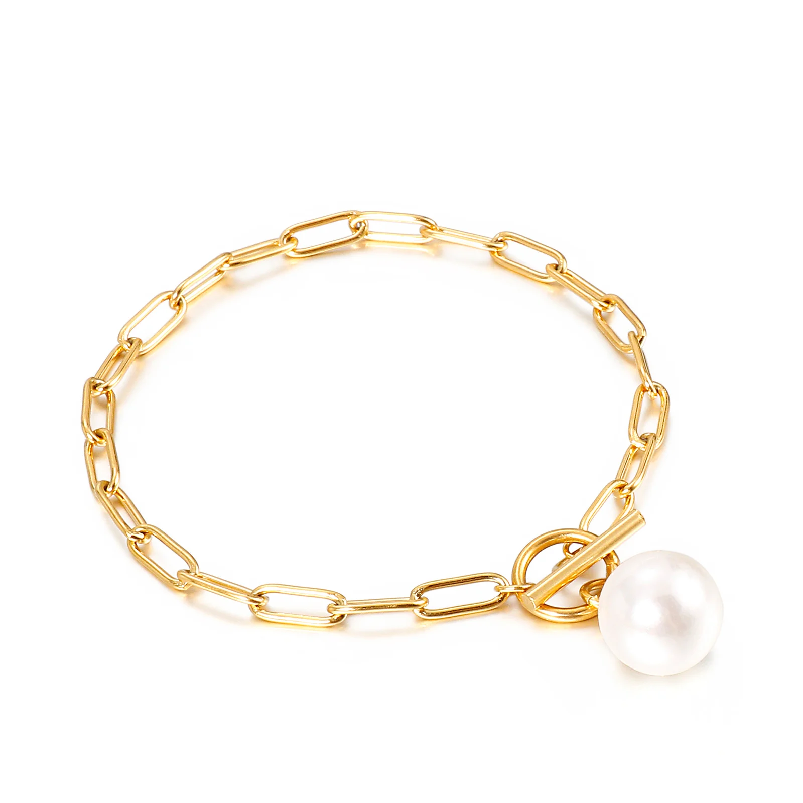 

Fashion Stainless Steel Jewelry Woven Chain Pearl Shell Pendant Bangle Bracelet Women, Steel/gold