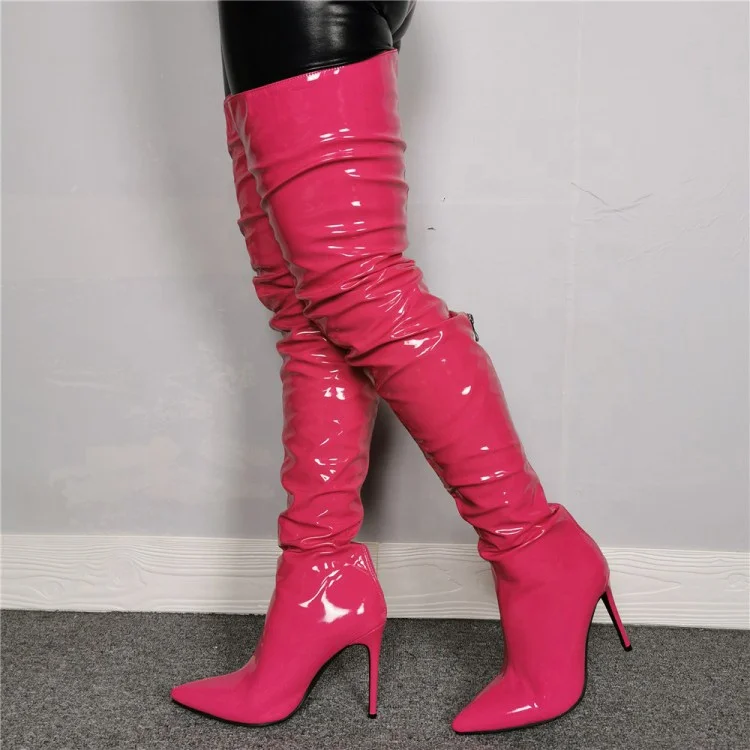 

Candy Color Back Zip Patent Leather Sexy Women Over Knee High Boots Stiletto Lady Pointed Toe Thigh High Long Booties Big Size, Pink