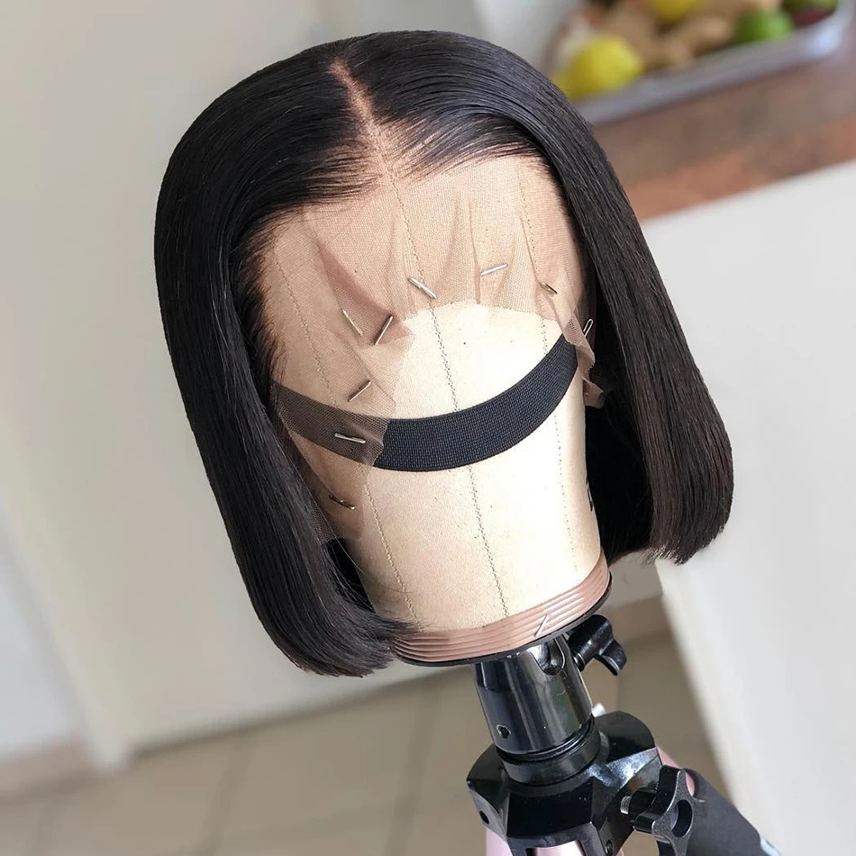 

Good quality cuticle aligned hair brazilian Bob T part lace frontal straight black frontal wig 150% human hair lace wigs