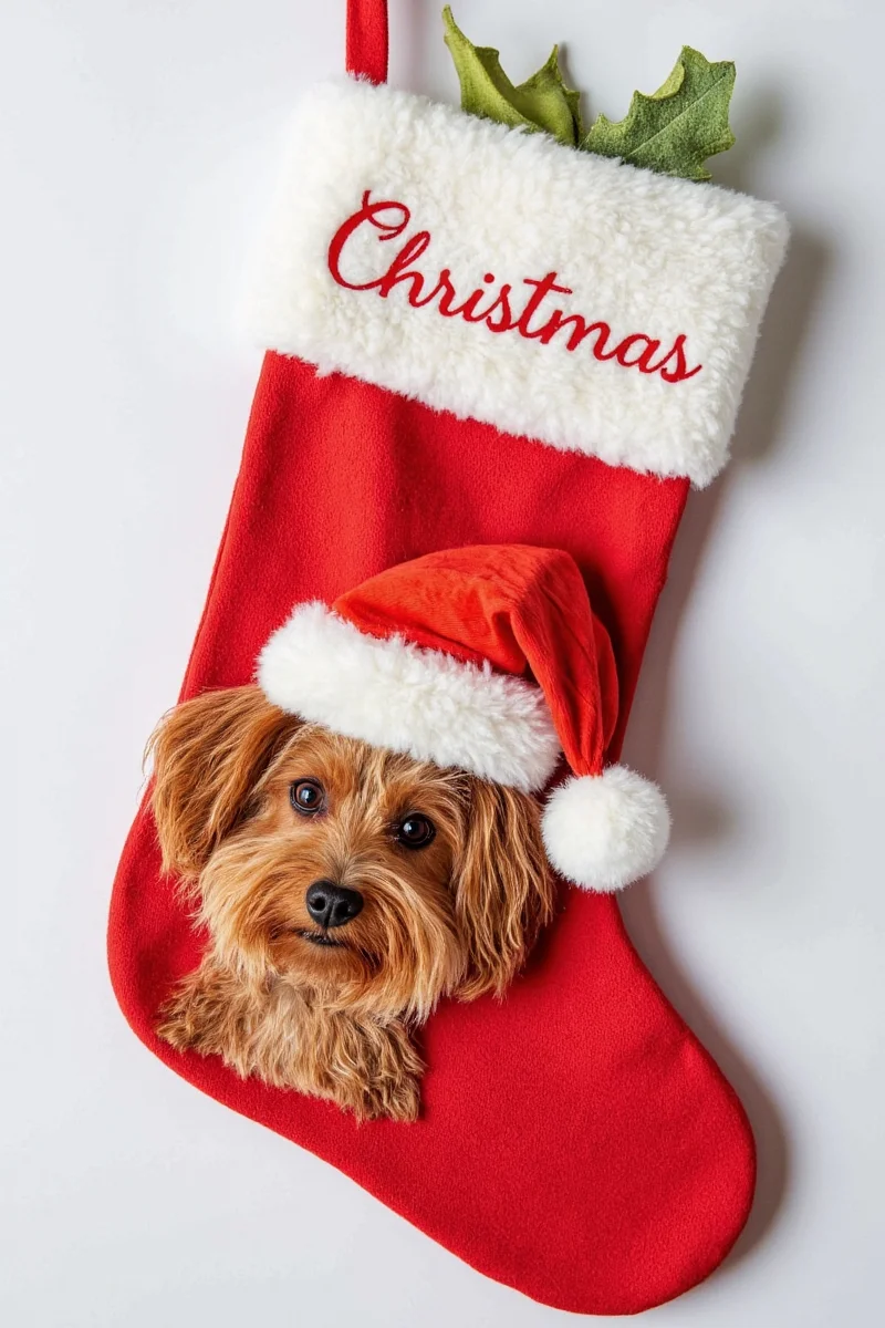 Golden Retriever sitting next to a red Christmas stocking with 'Max' embroidered in gold thread by the fireplace