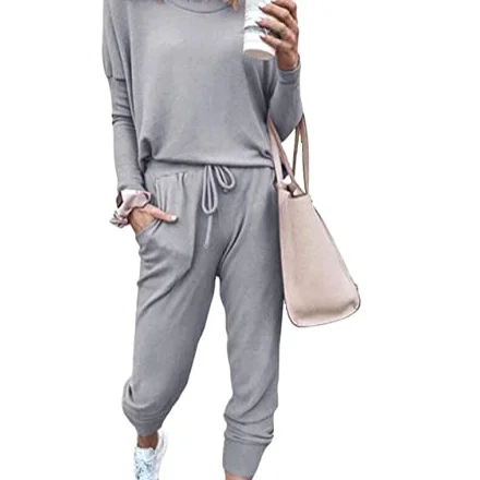 

Polyester / Cotton Women Solid Two Piece Outfit Crewneck Pullover Tops Long Pants Tracksuits active wear sets fitness wear women