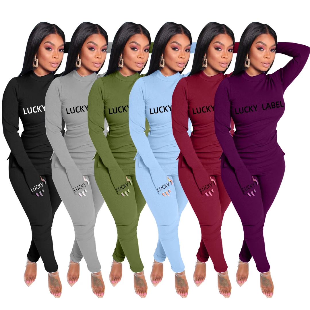 

Women fashion clothes styles turtleneck knit lucky label two piece sweat suit women clothing sets