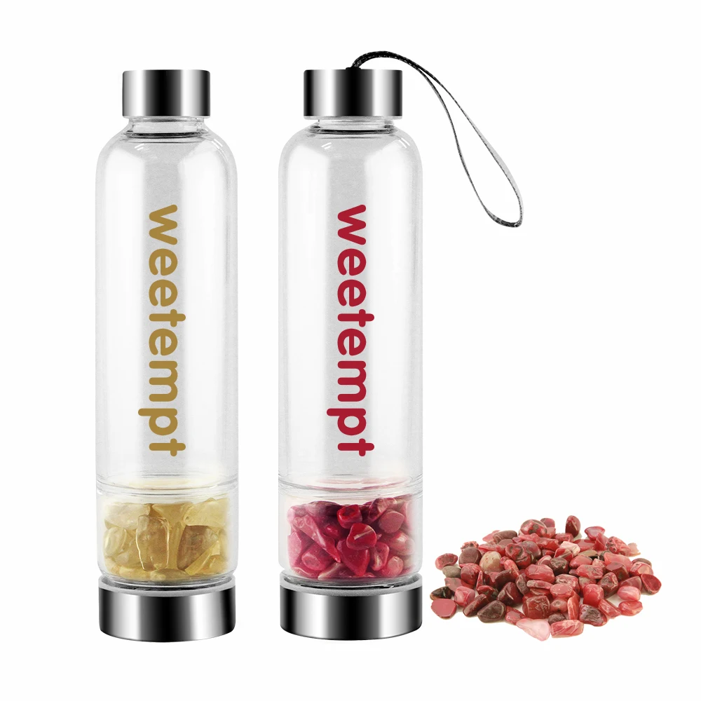 

500ml Double Wall Vacuum Bottle Tea Infuser Brosilicate Glass Drinking Water Bottle with Colorful Crystal stone