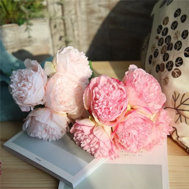 

Home Plant Wall Decoration Artificial Five-head Peony Bouquet Wedding Flower Children Holding Flowers, As show