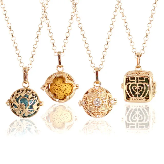 

Aromatherapy essential oil magic lava stone necklace hollow perfume tree snowflake locket sweater necklace, Gold