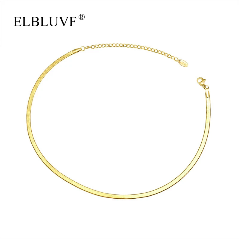 

ELBLUVF Free Shipping Simple Flat Snake Stainless Steel 18K Gold Plated Fashion Blade Chain Necklace For Women, Gold/silver