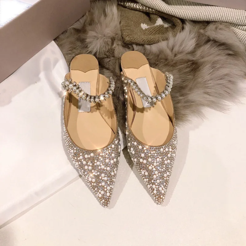 

Baotou outside wearing high-heeled shoes shining wedding shoes bridesmaid shoes female pointed pearl water diamond cool slippers