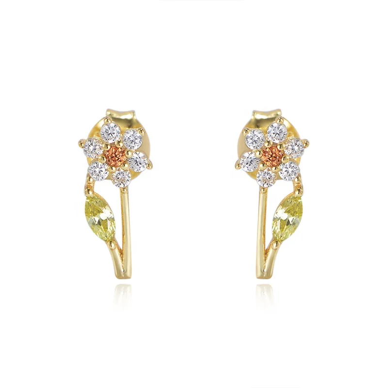 

champagne flower plant jewelry gift psj S 925 Sterling silver 14k gold plated bling Cubic Zirconia Stud Earrings for kids girls