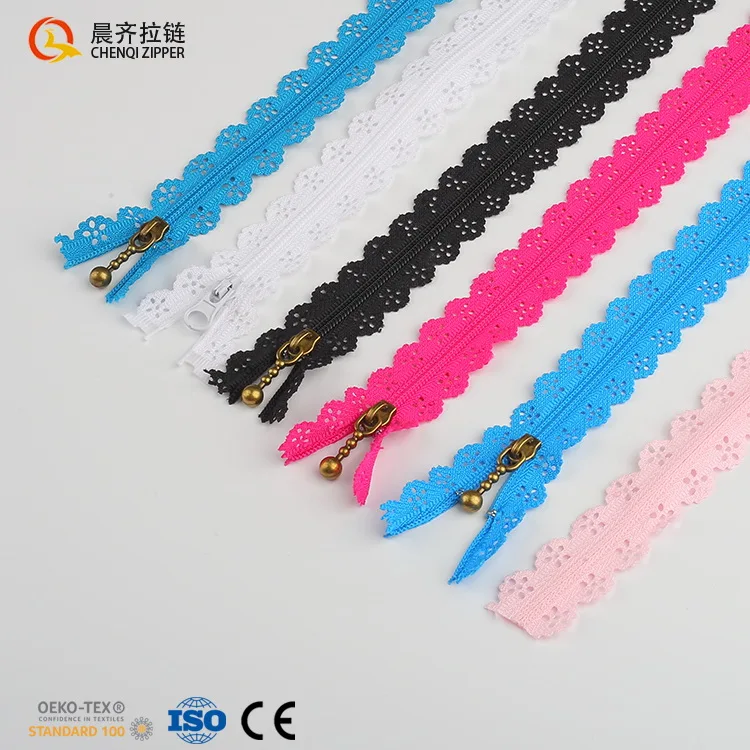 

Factory wholesale spot 3# nylon 6 colors lace perforated lace polyester zipper for pillow pocket