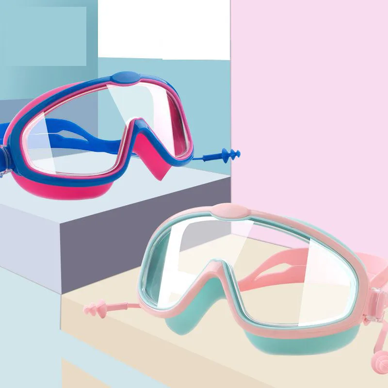 

HD waterproof anti-fog kids swimming glasses one-piece earplugs swimming glasses, Multicolor