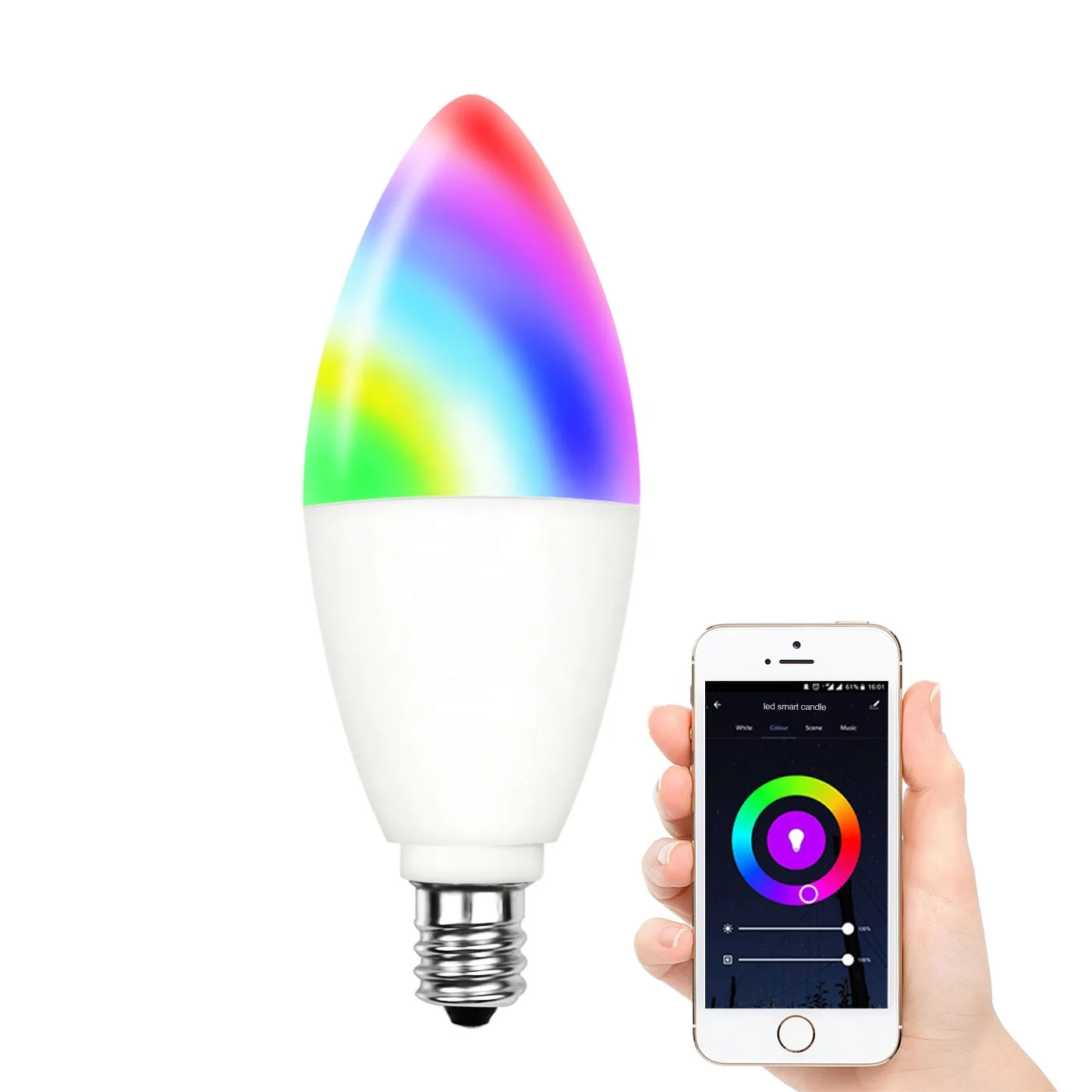 RGBW Smart LED Candle Bulb C37 6w 600lm With E14 E12 Base AC100v-240v Dimmable 2700k-6000k Voice Control Wifi Control