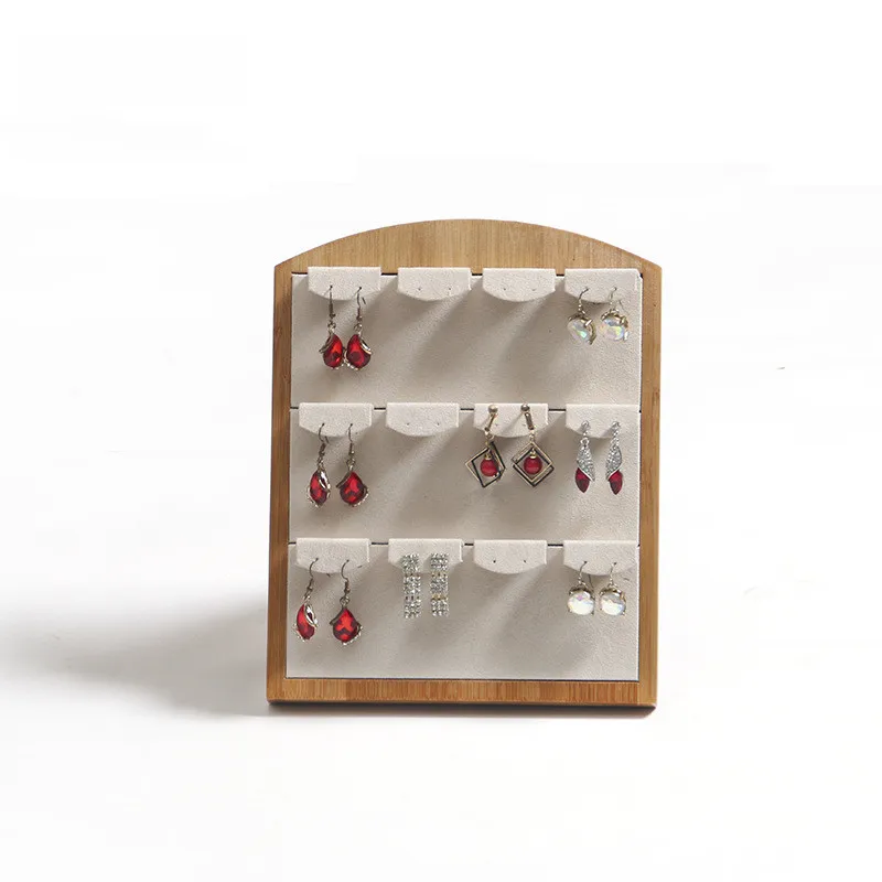 

12 pairs Standing Wood Bamboo Velvet Jewelry Holder Organizer For Earrings, Beige and dark gray