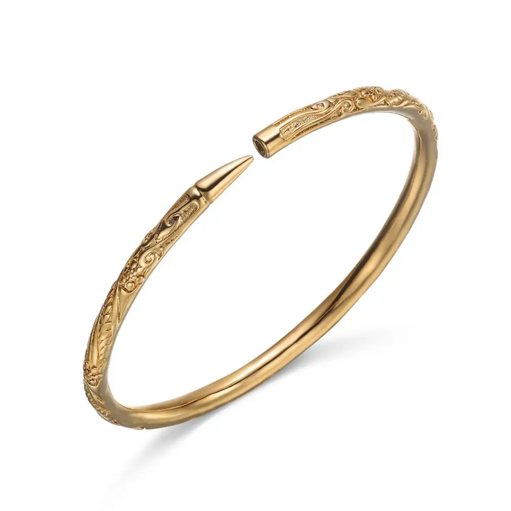 

Loftily Jewelry 18K Gold Minimalist Slim Chinese Style Engraved Pattern IP Plating Copper Open Cuff Bangle Bracelet