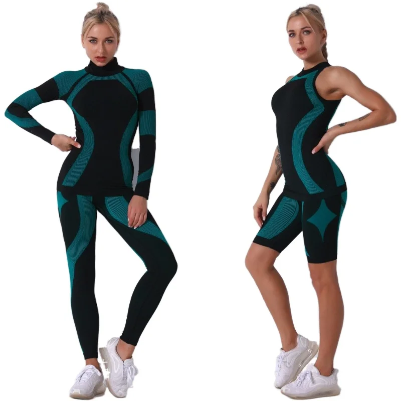 

BBLXF9185 4 piece set fitness women sportswear seamless yoga set, Flare,gray,brown