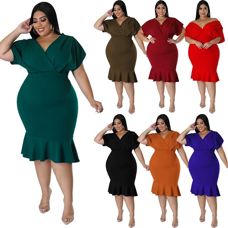 

MY981 2022 New Arrivals Fashion Womens Clothing Plus Size Summer Dress V - Neck Solid Color Hip Wrap Casual Dresses