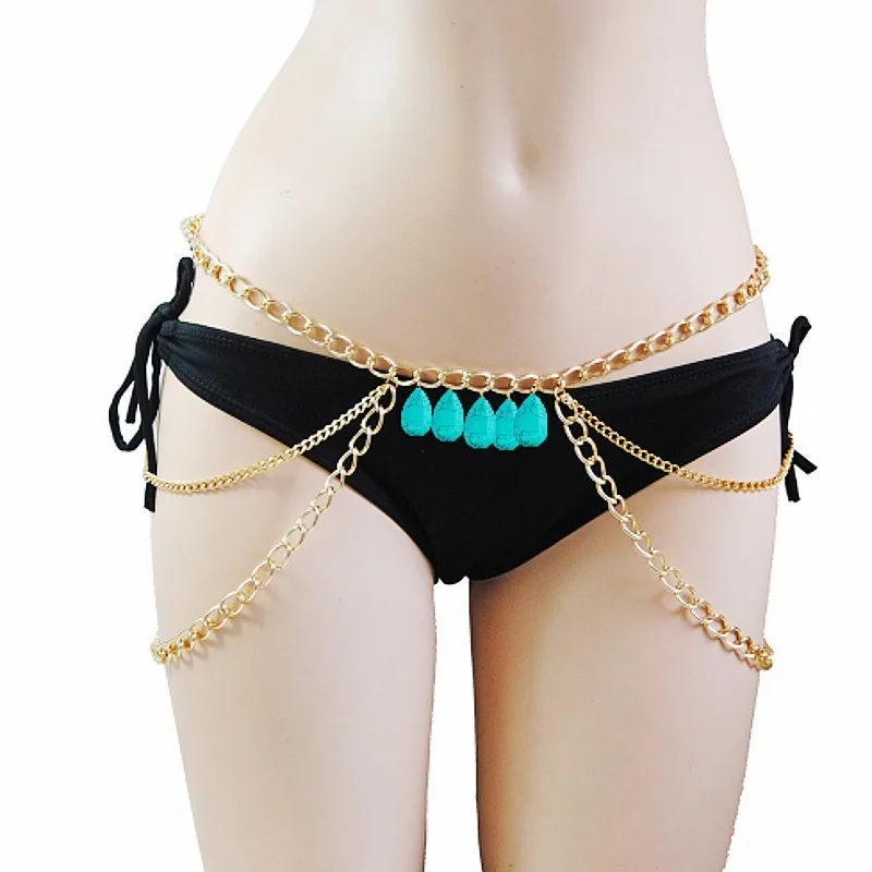 

Hot selling new body chain Bohemian pine tassel waist chain European and American dance performance party accessories chain belt, Gold