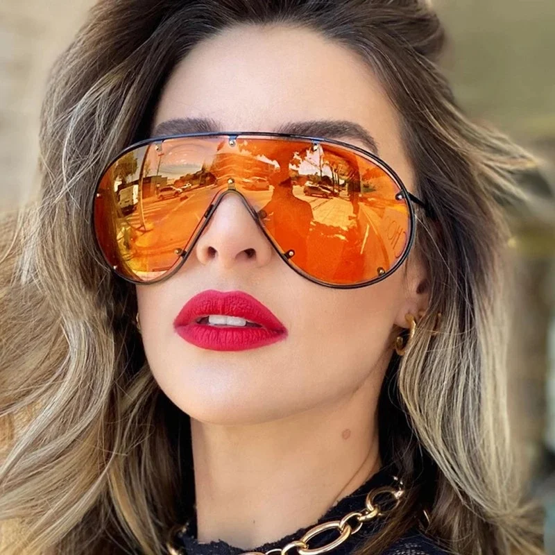 

7142 Luxury Brand Metal Frame One Piece Sunglasses Oversized Rivet Sunglasses 2021, As shown