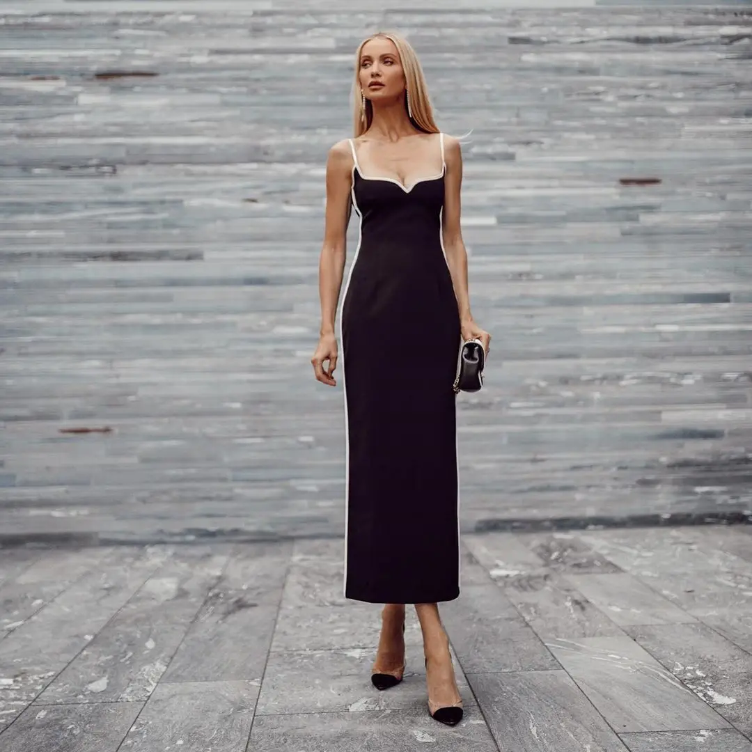 

European and American summer women's new knitted dress women's slim stretch mid-length black suspender women's dress