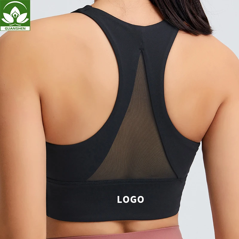 

2021 Custom Logo Yoga Wear Double Nylon Fitness Top Mesh Back High Impact Workout Sports Bra Women