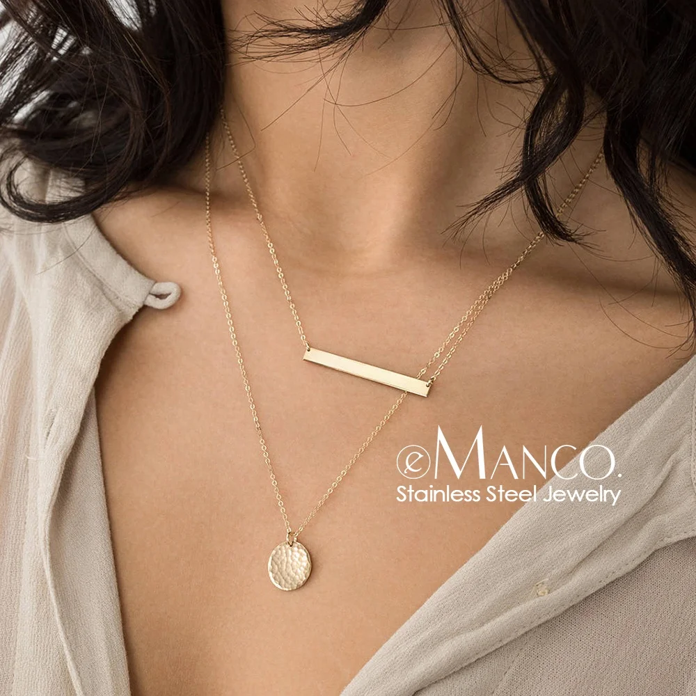 

Simple Multi Layered Stainless Steel Necklace Women Trendy Gold Plated Bar Pendant Coin Necklace Luxury Jewelry