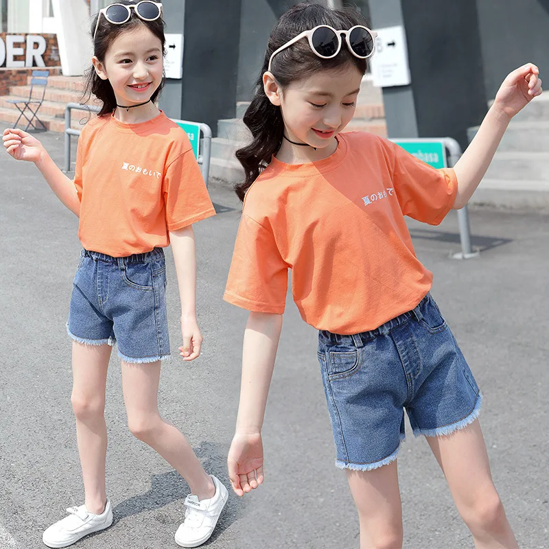 

Girls Clothes Set 2020 Summer Short Sleeve Tshirt + pants 2 Pieces Casual Kid Girls Clothing Suit, White,orange,black