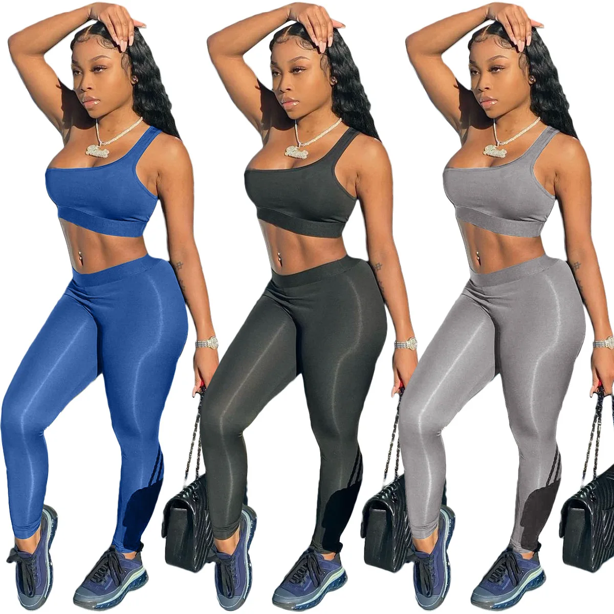 

Xuqing 2021 Wholesale fashion ones shoulder tank top two piece pants yoga set jogger outfits for women, Photo shows