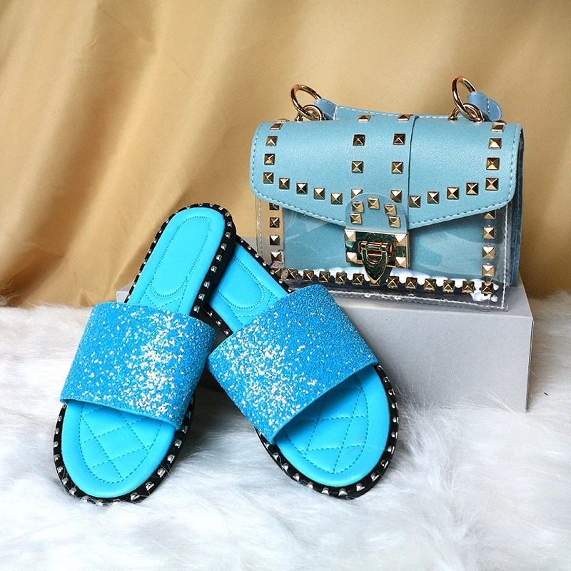 

2021 fashion women good quality sandal with purse sets wholesale cheap solid casual rhinestone ladies slide and bags sets