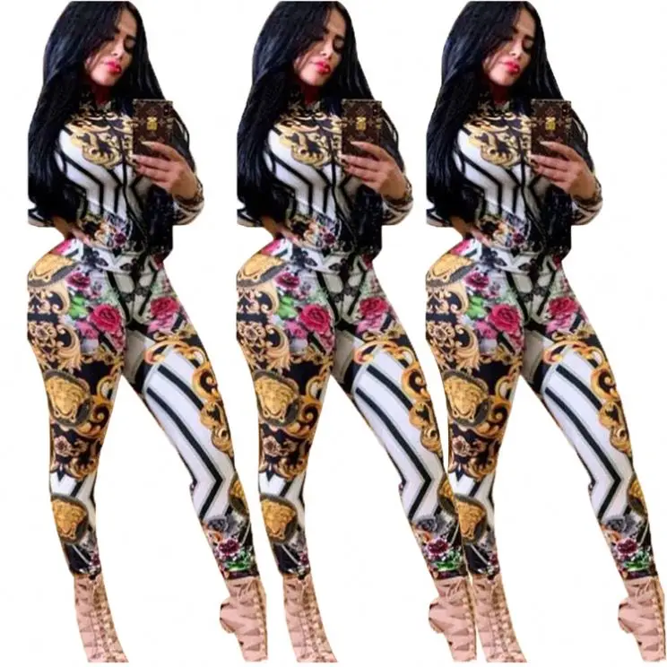 

0819M204 hot Selling casual striped floral print long sleeve zip top and Pencil pants Two Piece Set Women Clothing
