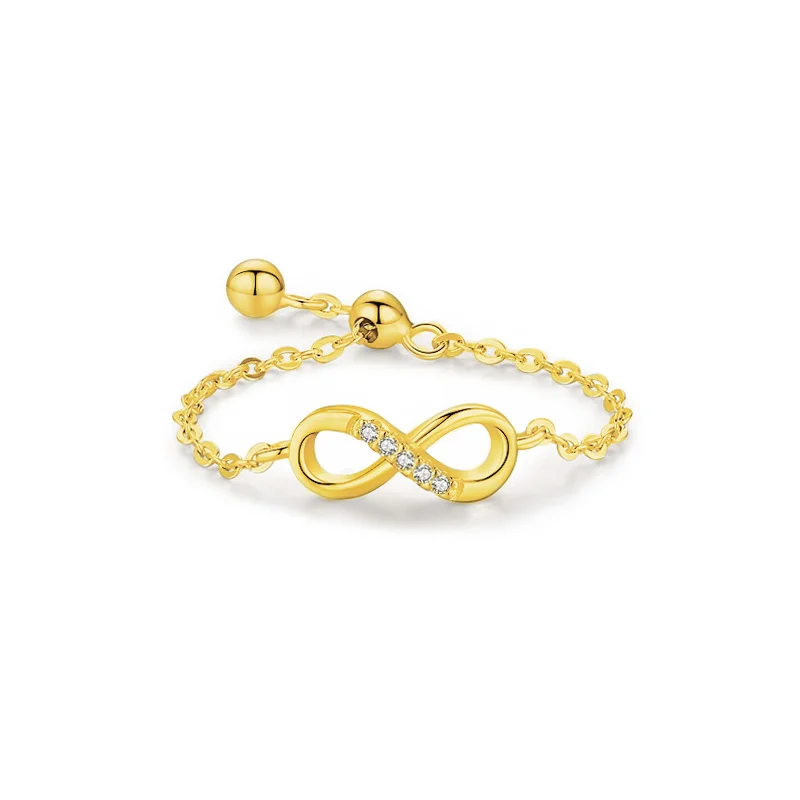 

Classic Dainty 925 Sterling Silver Fine Jewelry 18K Gold Plated Infinity Sign Charms Chain Rings Adjustable