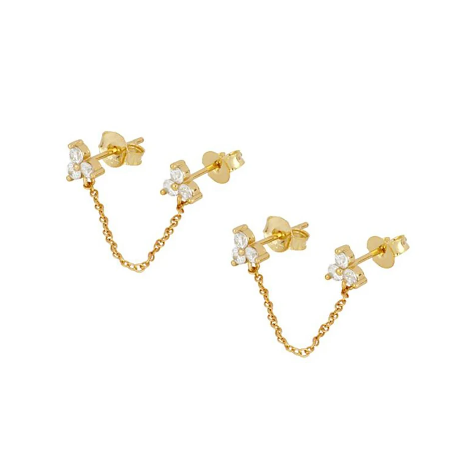 

Silver Earrings Jewelry Wholesale 925 Sterling Silver 18k Gold Plated Cubic Zircon Lotus Chain Stud Earrings