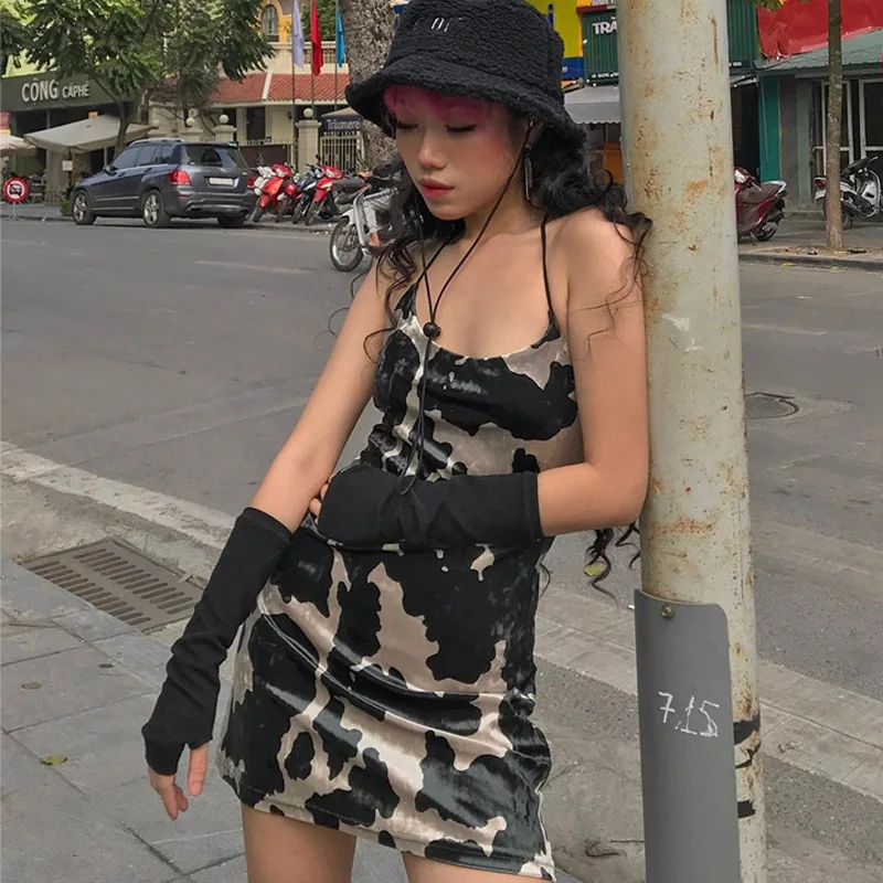 

2021 Casual Lady Summer Dress Sleeveless Spaghetti Strap Sexy Club Dress Women Black Camouflage Short Mini Dress Cheap Wholesale