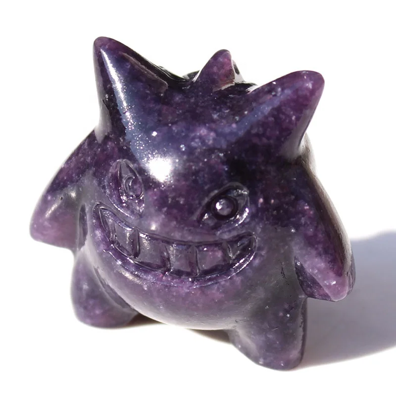 

Wholesale Natural Real Lepidolite Semi Precious Stone Crystal Carved Pocket Monster Cartoon Gengar Carving For Home Decor