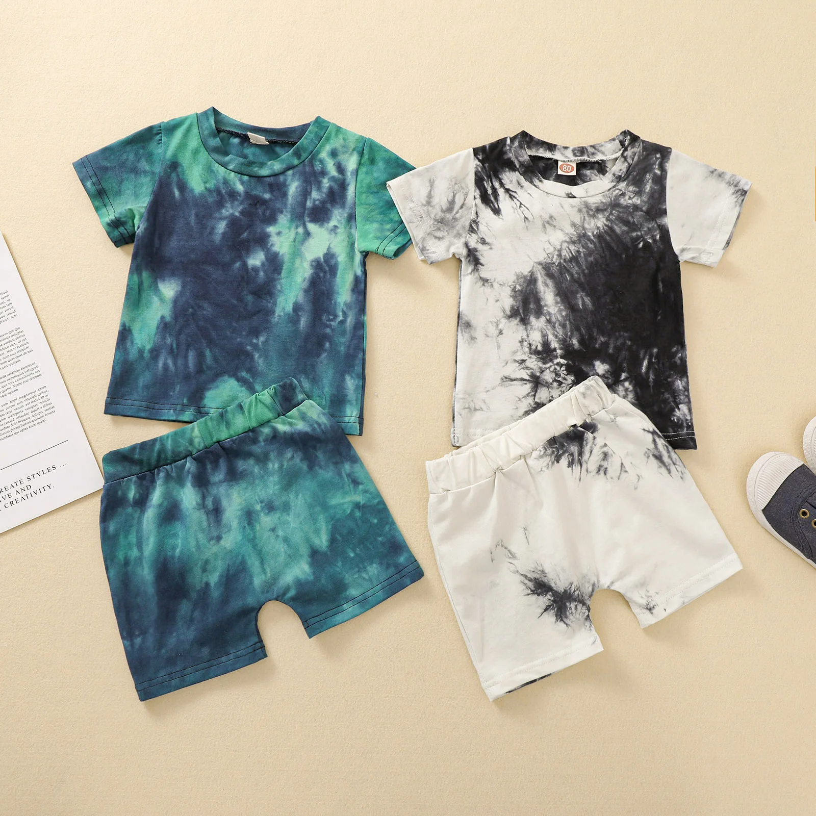 

Summer Toddler Kids Baby Boys Girls Clothes Tracksuit Sets Tie dye printed Cotton Short Sleeve Tops Shorts Outfits, Photo showed and customized color
