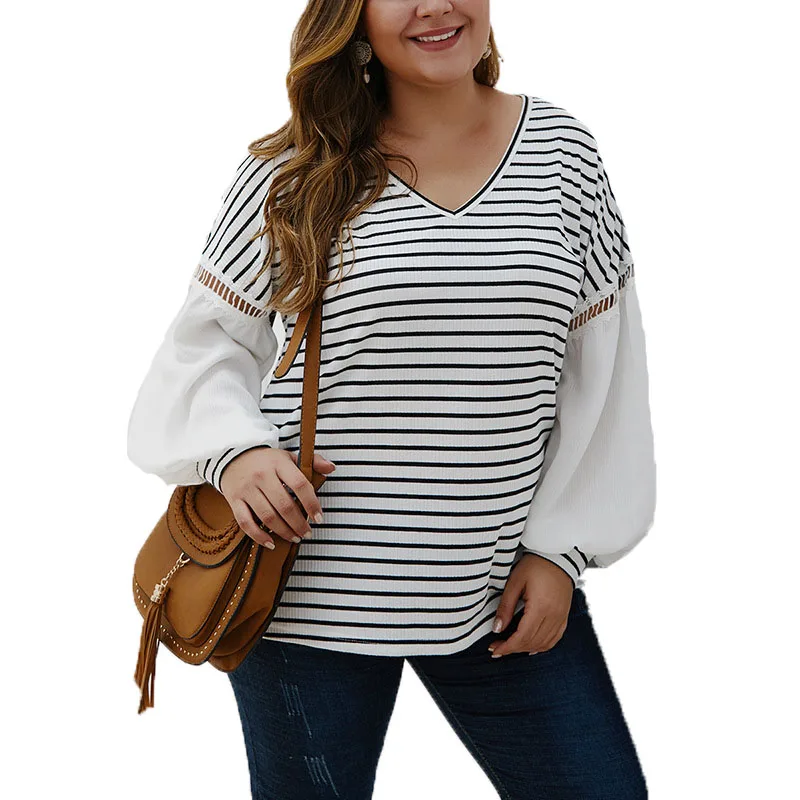 

2020 New fashion plus size Women long sleeve Striped contrast sleeve v-neck Women ladies Blouses Tops