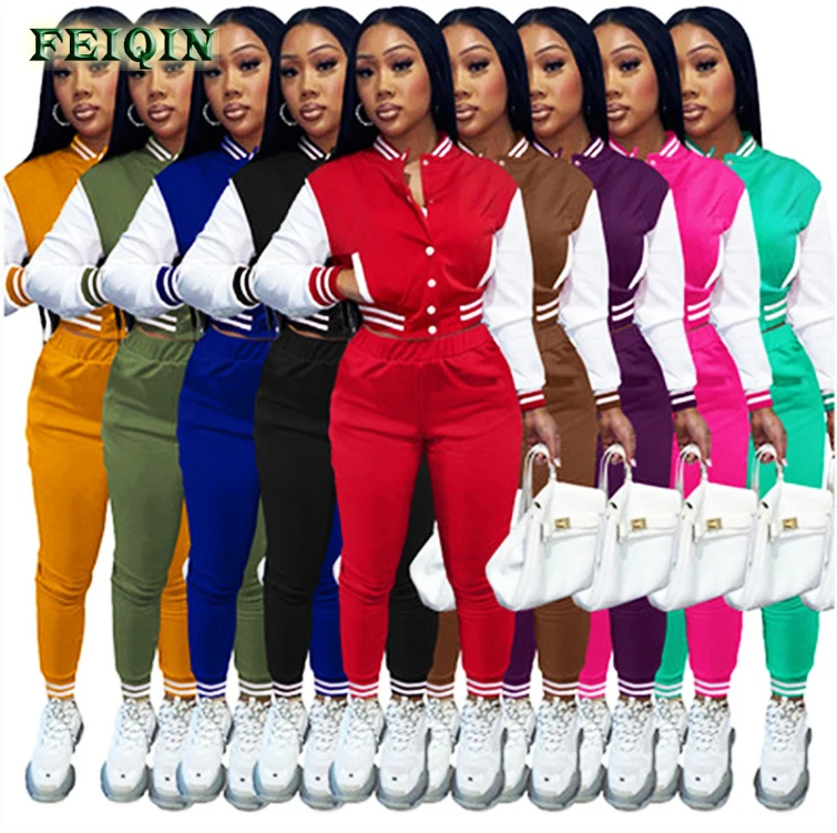 

2022 Customized Logo Printing Fashion Winter Fall Women Single Breasted Stitching Baseball Uniform Womens Jacket Two Piece Sets