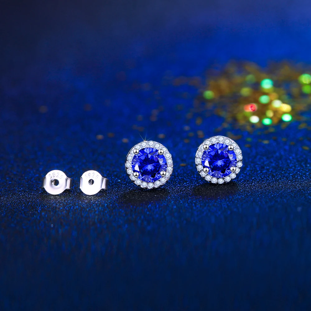 Vintage S925 Sterling Silver 8mm Round Synthetic Tanzanite Stone Blue Stud Earrings for Women Appointment Gift Fine Jewelry
