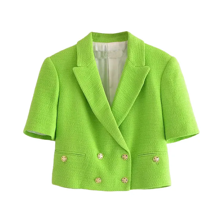 

BMURHMZA2021 summer new women's grain short casual solid color double breasted short sleeve suit coat, Green