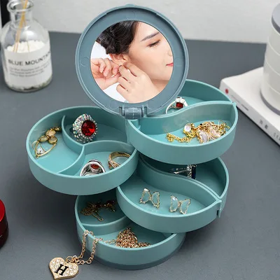 

Jewelry Storage Multilayer Rotating Plastic Earrings Ring Stand Beauty Container Travel Jewelry Organizer Box with Mirror, White;blue,red,customizable