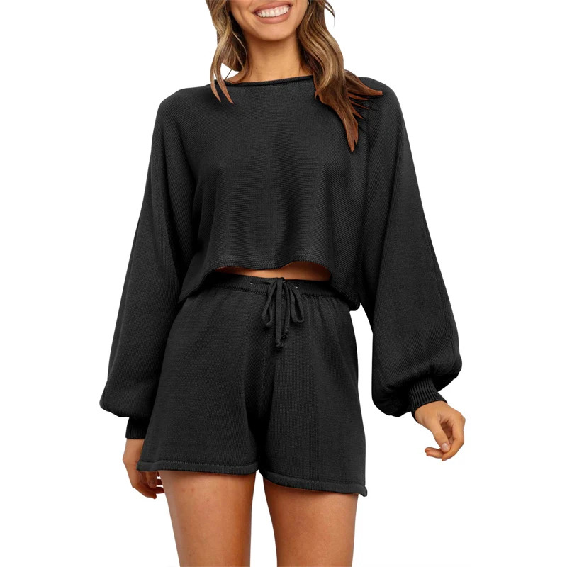 

Women's Long Sleeve Solid Color Knit Pullover Sweatsuit 2 Piece Short Sweater Outfits Sets Knitted Two Piece Set For Womens