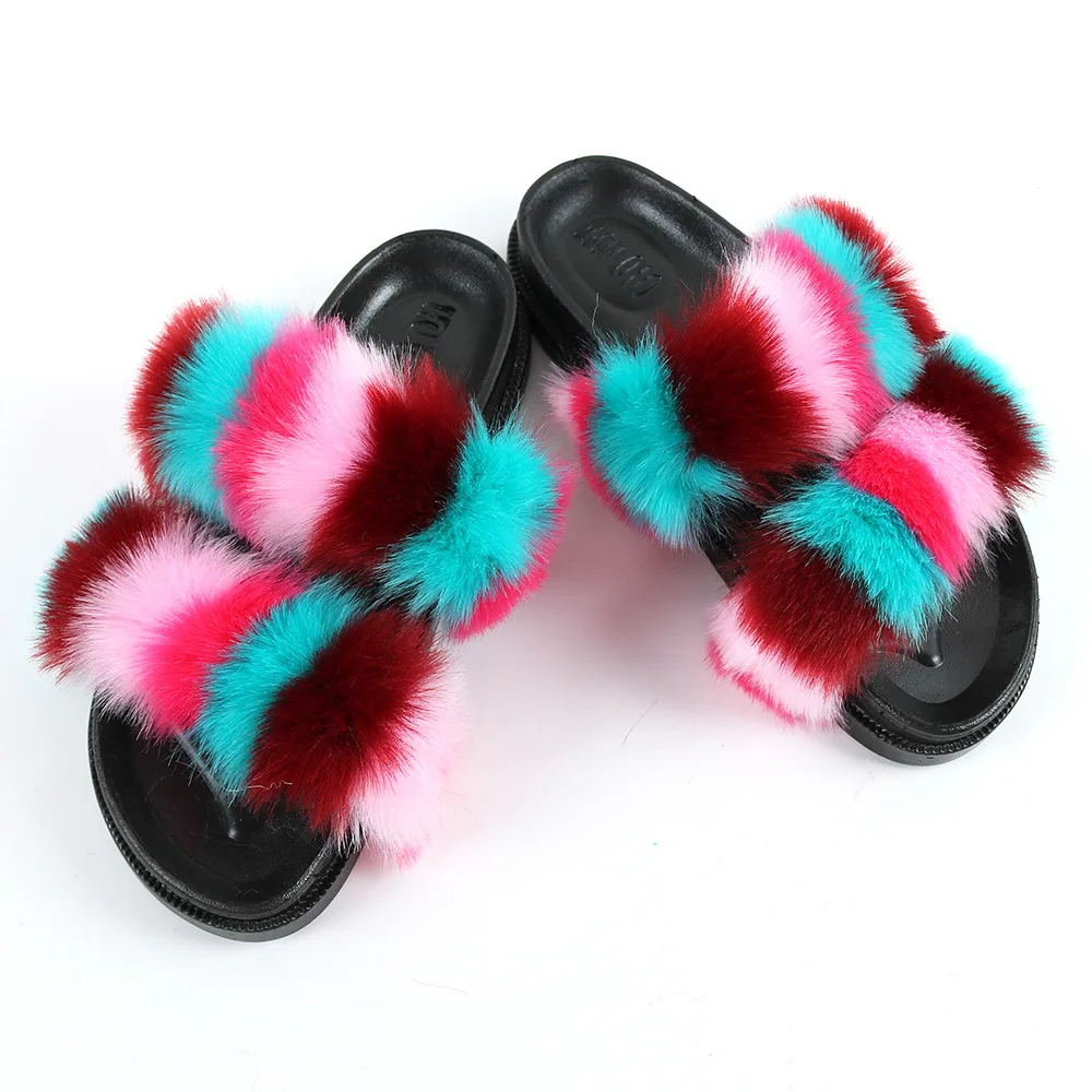 

Amazon Ins Hot Wholesale Colorful Women Indoor 2 Strap Furry Artificial Faux Rabbit Fur Slides